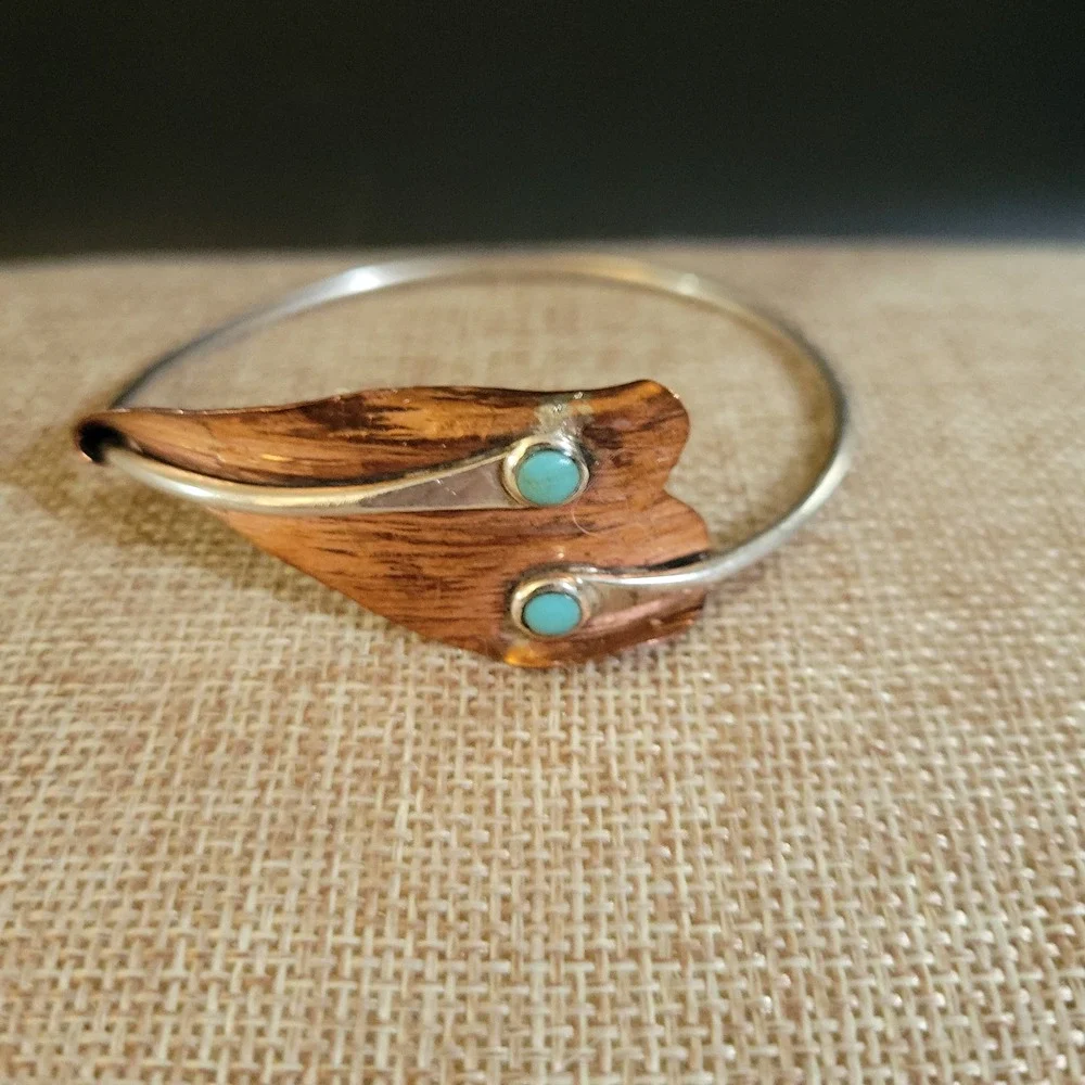 Vintage DAR Mexico 925 Sterling Silver Copper Turquoise Leaf Cuff Western